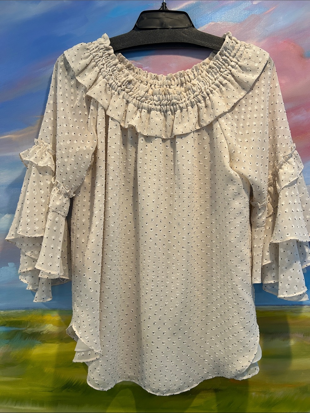 Sara Campbell Cream Ruffled Off-Shoulder Swiss Dot Blouse